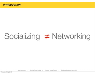 INTRODUCTION
SPEED NETWORKING ! STRATEGIC DESIGN PLANNING ! YI-LING LIN - MIGUEL PACHECO ! IED, DESIGN MANAGEMENT MASTER 2010
Socializing ! Networking
Thursday, 8 July 2010
 