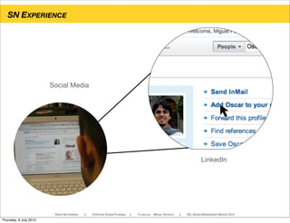 SN EXPERIENCE
SPEED NETWORKING ! STRATEGIC DESIGN PLANNING ! YI-LING LIN - MIGUEL PACHECO ! IED, DESIGN MANAGEMENT MASTER 2010
Social Media
LinkedIn
Thursday, 8 July 2010
 