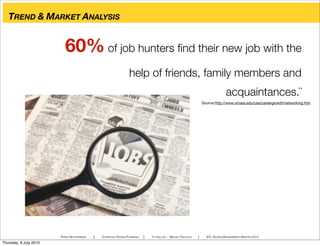 TREND & MARKET ANALYSIS
SPEED NETWORKING ! STRATEGIC DESIGN PLANNING ! YI-LING LIN - MIGUEL PACHECO ! IED, DESIGN MANAGEMENT MASTER 2010
Source:http://www.umass.edu/usa/careergrowth/networking.htm
60% of job hunters ﬁnd their new job with the
help of friends, family members and
acquaintances.¨
Thursday, 8 July 2010
 