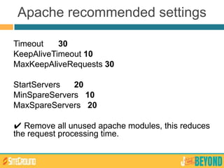 Timeout 30
KeepAliveTimeout 10
MaxKeepAliveRequests 30
StartServers 20
MinSpareServers 10
MaxSpareServers 20
✔ Remove all unused apache modules, this reduces
the request processing time.
Apache recommended settings
 