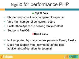 ★ NginX Pros
 Shorter response times compared to apache
 Very high number of concurrent users
 Faster than Apache in serving static content
 Supports FastCGI
NginX Cons
 Not supported by major control panels (cPanel, Plesk)
 Does not support mod_rewrite out of the box –
additional configuration for Joomla!
NginX for performance PHP
 