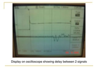 Display on oscilloscope showing delay between 2 signals
 