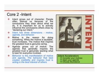 Core 2 -Intent
        Intent
   Intent grows out of character. People
    often distrust us because of the
    conclusions they draw about what we
    do. It is important for us to actively
    influence the conclusions others draw by
    “declaring our intent.”
   Intent has three dimensions - motive,
    agenda, and behavior.
   Motive is the reason for doing
    something. When the motive is laudable,
    trust increases. The motive that inspires
                                           p
    the greatest trust is genuine caring .
   Agenda grows out of motive. The
    agenda that generally inspires the
    greatest trust is genuinely wanting what
    is best for
    i b t f everyone i    involved.
                              l d
   Behavior is the manifestation of motive     Intent Accelerators
    and agenda. The behavior that best             Consider your motives
    creates credibility and inspires trust is      Open your agenda
    acting in the best interest of others
                                   others.         Choose Abundance
 