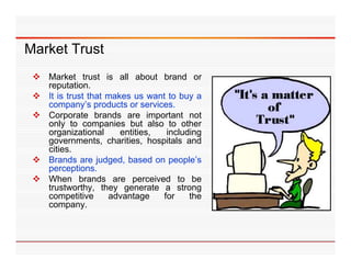 Market Trust
  Market trust is all about brand or
   reputation.
   reputation
  It is trust that makes us want to buy a
   company’s products or services.
  Corporate brands are important not
        p                        p
   only to companies but also to other
   organizational      entities,    including
   governments, charities, hospitals and
   cities.
  Brands are judged, based on people’s
   perceptions.
  When brands are perceived to be
   trustworthy,
   trustworthy they generate a strong
   competitive      advantage      for    the
   company.
 