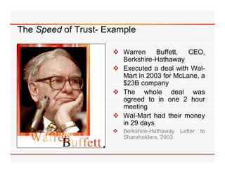 The Speed of Trust Example
             Trust-

                     Warren     Buffett,  CEO,
                      Berkshire-Hathaway
                     Executed a deal with Wal-
                      Mart in 2003 for McLane a
                                       McLane,
                      $23B company
                     The whole deal was
                      agreed t i one 2 h
                            d to in         hour
                      meeting
                     Wal-Mart had their money y
                      in 29 days
                     Berkshire-Hathaway Letter to
                      Shareholders, 2003
 