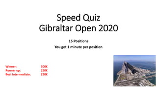Speed Quiz
Gibraltar Open 2020
15 Positions
You get 1 minute per position
Winner: 500€
Runner up: 250€
Best Intermediate: 250€
 