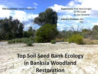 PhD Candidate: Paweł Waryszak
Top Soil Seed Bank Ecology
in Banksia Woodland
Restoration
Supervisors: Prof. Neal Enright
Dr Phil Ladd
Dr Joe Fontaine
Industry Partners: JAH
DEC
 
