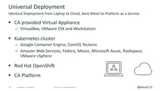 16 © 2015 CA. ALL RIGHTS RESERVED.@CAWORLD #CAWORLD
Universal Deployment
 CA provided Virtual Appliance
– VirtualBox, VMware ESX and Workstation
 Kubernetes cluster
– Google Container Engine, CoreOS Tectonic
– Amazon Web Services, Fedora, Mesos, Microsoft Azure, Rackspace,
VMware vSphere
 Red Hat OpenShift
 CA Platform
Identical Deployment from Laptop to Cloud, Bare Metal to Platform as a Service
 