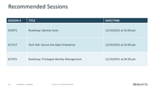 19 © 2015 CA. ALL RIGHTS RESERVED.@CAWORLD #CAWORLD
Recommended Sessions
SESSION # TITLE DATE/TIME
SCX07S Roadmap: Identity Suite 11/19/2015 at 01:00 pm
SCT21T Tech Talk: Secure the Open Enterprise 11/19/2015 at 02:00 pm
SCT07S Roadmap: Privileged Identity Management 11/19/2015 at 04:30 pm
 