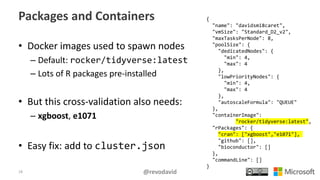 Packages and Containers
• Docker images used to spawn nodes
– Default: rocker/tidyverse:latest
– Lots of R packages pre-in...