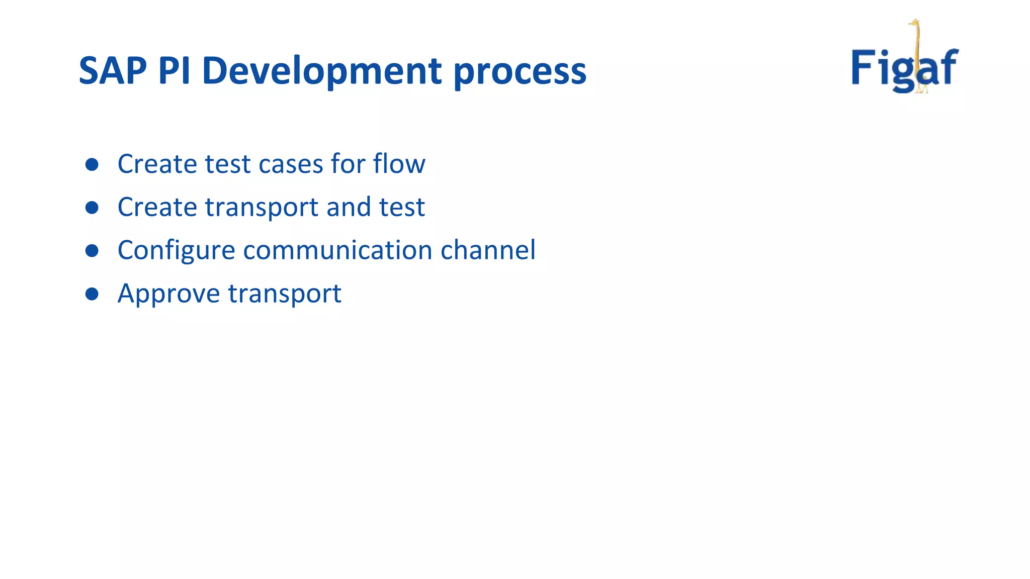 ● Create test cases for flow
● Create transport and test
● Configure communication channel
● Approve transport
SAP PI Development process
 