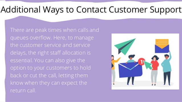 Additional Ways to Contact Customer Support
There are peak times when calls and
queues overflow. Here, to manage
the customer service and service
delays, the right staff allocation is
essential. You can also give the
option to your customers to hold
back or cut the call, letting them
know when they can expect the
return call.
 