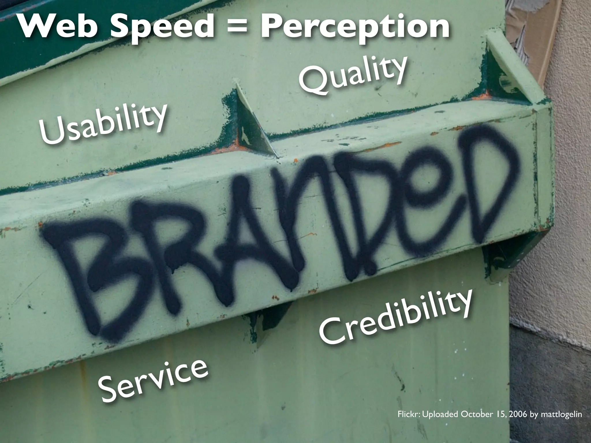 Web Speed = Perception
                             Qu ality
    U sab ility




                                ed ibility
                              Cr
               Serv ice
                                    Flickr: Uploaded October 15, 2006 by mattlogelin

September 19 • DevGroup NW          Jason Grigsby • http://userﬁrstweb.com
 