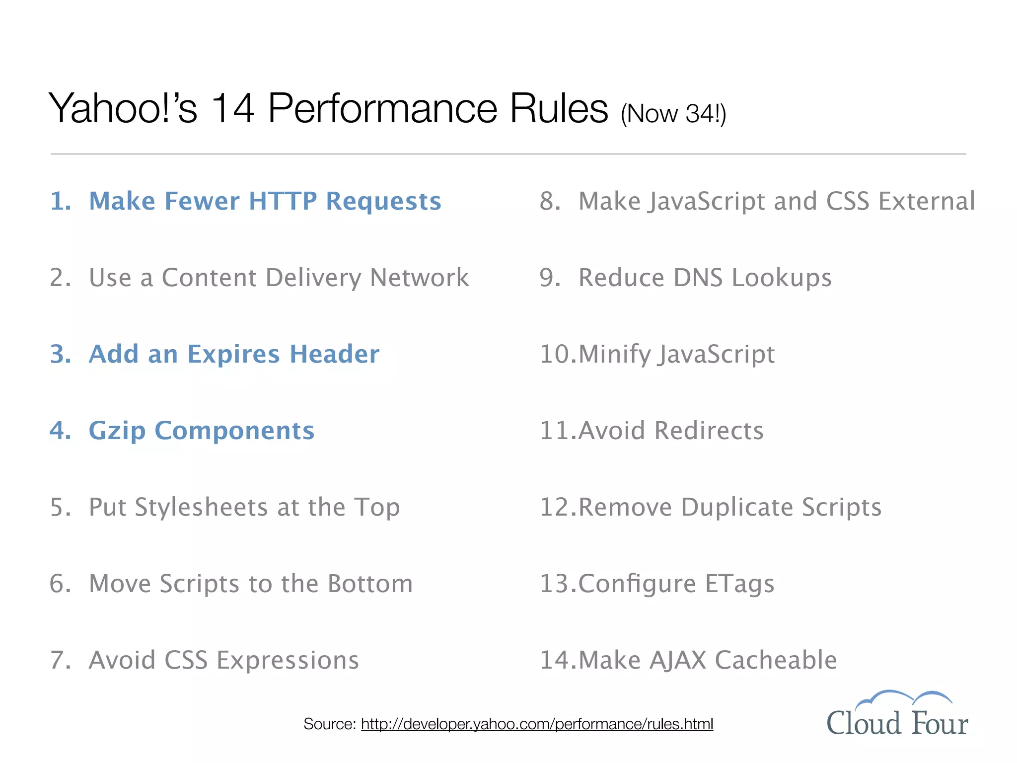 Yahoo!’s 14 Performance Rules (Now 34!)

1. Make Fewer HTTP Requests                          8. Make JavaScript and CSS External


2. Use a Content Delivery Network                    9. Reduce DNS Lookups


3. Add an Expires Header                             10.Minify JavaScript


4. Gzip Components                                   11.Avoid Redirects


5. Put Stylesheets at the Top                        12.Remove Duplicate Scripts


6. Move Scripts to the Bottom                        13.Conﬁgure ETags


7. Avoid CSS Expressions                             14.Make AJAX Cacheable

                     Source: http://developer.yahoo.com/performance/rules.html
 
