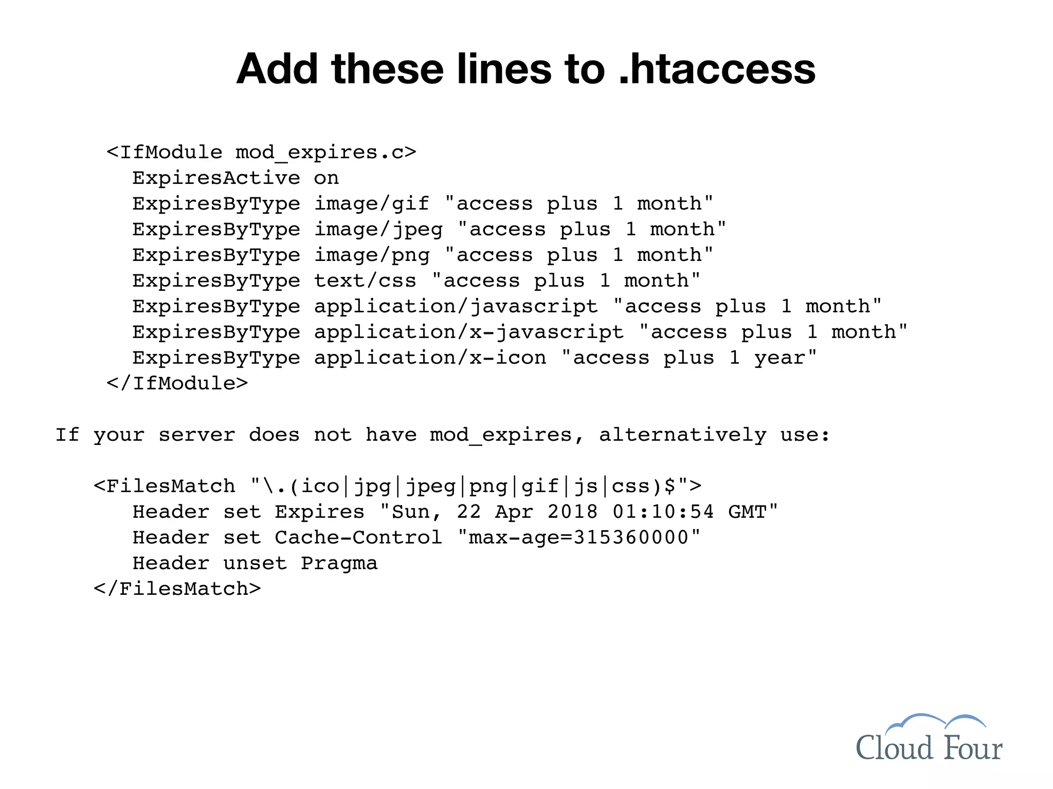 Add these lines to .htaccess
   <IfModule mod_expires.c>
     ExpiresActive on
     ExpiresByType image/gif "access plus 1 month"
     ExpiresByType image/jpeg "access plus 1 month"
     ExpiresByType image/png "access plus 1 month"
     ExpiresByType text/css "access plus 1 month"
     ExpiresByType application/javascript "access plus 1 month"
     ExpiresByType application/x-javascript "access plus 1 month"
     ExpiresByType application/x-icon "access plus 1 year"
   </IfModule>

If your server does not have mod_expires, alternatively use:

  <FilesMatch ".(ico|jpg|jpeg|png|gif|js|css)$">
     Header set Expires "Sun, 22 Apr 2018 01:10:54 GMT"
     Header set Cache-Control "max-age=315360000"
     Header unset Pragma
  </FilesMatch>
 