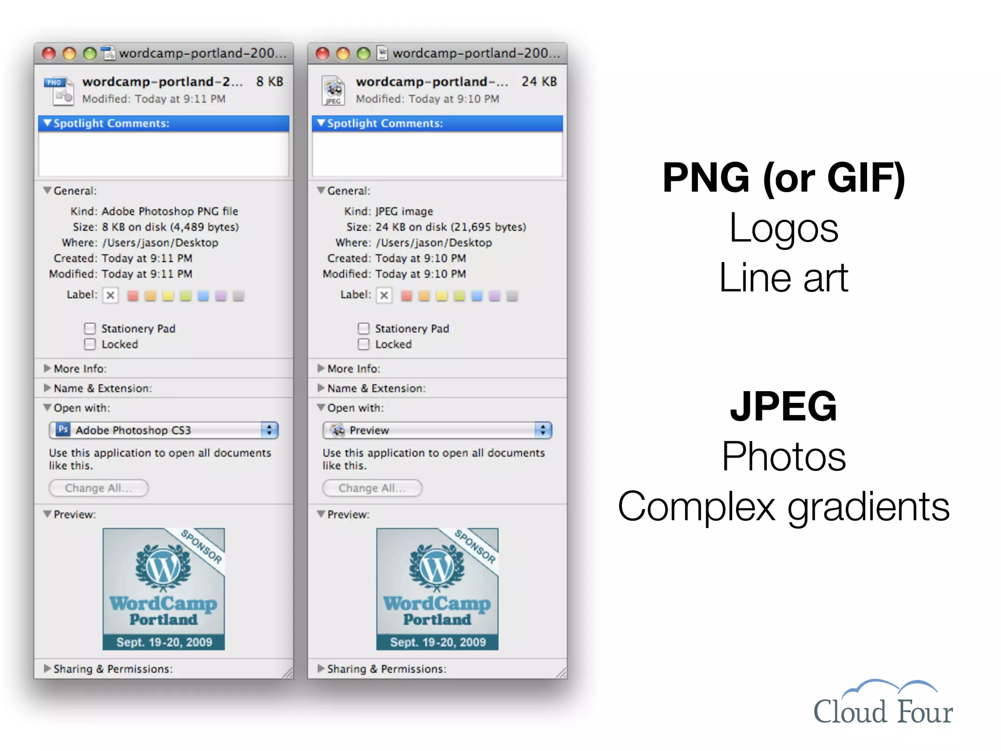 PNG (or GIF)
    Logos
    Line art


    JPEG
    Photos
Complex gradients
 