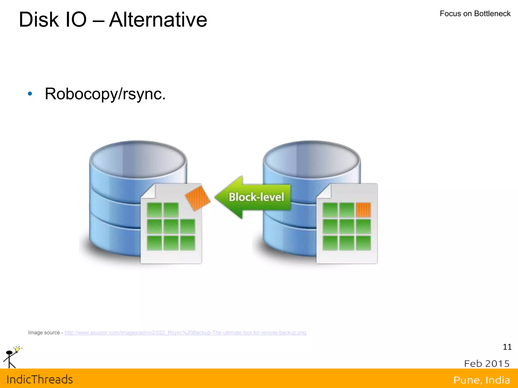 11
Disk IO – Alternative Focus on Bottleneck
• Robocopy/rsync.
Image source - http://www.asustor.com/images/admv2/022_Rsync%20Backup-The-ultimate-tool-for-remote-backup.png
 