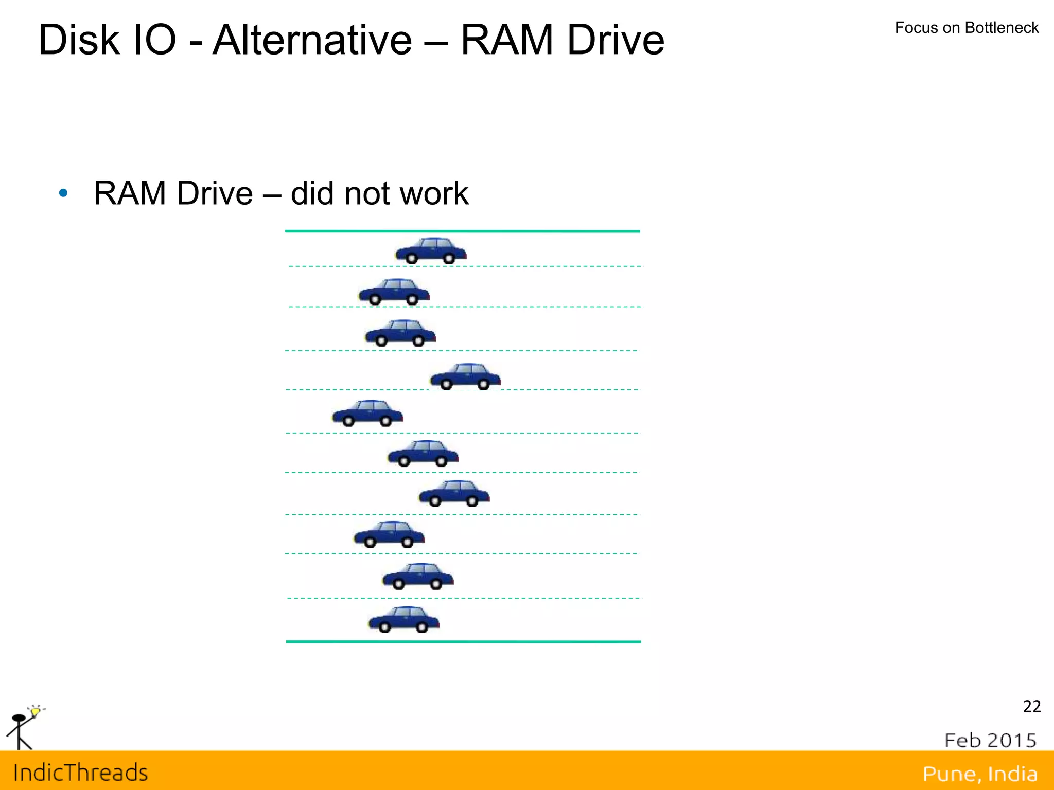 Disk IO - Alternative – RAM Drive Focus on Bottleneck
• RAM Drive – did not work
22
 