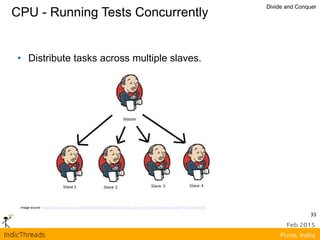 CPU - Running Tests Concurrently
Divide and Conquer
• Distribute tasks across multiple slaves.
Image source - https://wiki.jenkins-ci.org/download/attachments/2916393/logo.png?version=1&modificationDate=1302753947000
33
 