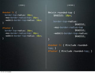 [ CSS ] [ SCSS ]
@mixin rounded-top {
$RADIUS: 10px;
border-top-radius:
$RADIUS;
-moz-border-radius-top:
$RADIUS;
-webkit-border-top-radius:
$RADIUS;
}
#navbar li { @include rounded-
top; }
#footer { @include rounded-top; }
#navbar li {
border-top-radius: 10px;
-moz-border-radius-top: 10px;
-webkit-border-top-radius: 10px;
}
#footer {
border-top-radius: 10px;
-moz-border-radius-top: 10px;
-webkit-border-top-radius: 10px;
}
2012110ڶ
 