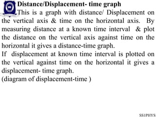 SS1PHYS
Distance/Displacement- time graph
This is a graph with distance/ Displacement on
the vertical axis & time on the horizontal axis. By
measuring distance at a known time interval & plot
the distance on the vertical axis against time on the
horizontal it gives a distance-time graph.
If displacement at known time interval is plotted on
the vertical against time on the horizontal it gives a
displacement- time graph.
(diagram of displacement-time )
 