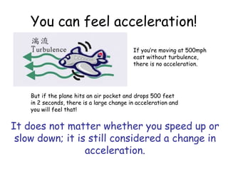 You can feel acceleration!
If you’re moving at 500mph
east without turbulence,
there is no acceleration.
But if the plane hits an air pocket and drops 500 feet
in 2 seconds, there is a large change in acceleration and
you will feel that!
It does not matter whether you speed up or
slow down; it is still considered a change in
acceleration.
 