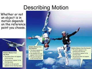 Describing Motion
Whether or not
an object is in
motion depends
on the reference
point you choose.
 
