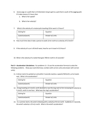 Determining Speed and Velocity Problems with Answer Key