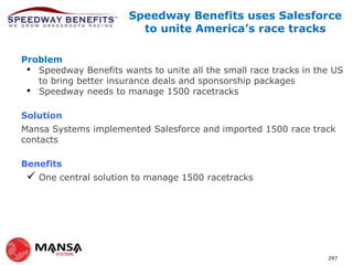 Speedway Benefits uses Salesforce
to unite America’s race tracks
Problem
• Speedway Benefits is uniting 1,000+ grassroots tracks into a
marketing alliance (with 50 million attendees) to bring group buying
power and national sponsorships to our member tracks
• Speedway Benefits needs to manage 1000+ member tracks
Solution
Mansa Systems implemented Salesforce and imported 1200 race track
contacts
Benefits

 One central solution to manage 1500 racetracks

297

 
