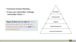 36
• Everyone knows Maslow…
• If you can remember 5 things,
remember these ->
“Apps & data are as safe as where
you put it, what’s in it, how you
inspect it, who talks to it, and how
its protected…”
 