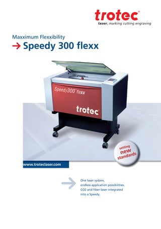www.troteclaser.com
One laser system,
endless application possibilities.
CO2 and fiber laser integrated
into a Speedy.
setting
new
standards
Speedy 300 ﬂexx
Maxximum Flexxibility
 
