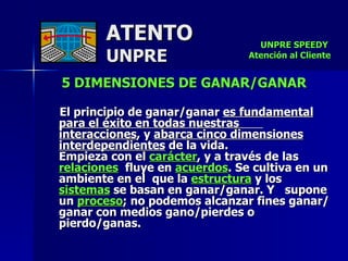 5 DIMENSIONES DE GANAR/GANAR  El principio de ganar/ganar  es fundamental para el éxito en todas nuestras  interacciones , y  abarca cinco dimensiones interdependientes  de la vida.  Empieza con el  carácter , y a través de las  relaciones   fluye en  acuerdos . Se cultiva en un  ambiente en el  que la  estructura  y los  sistemas  se basan en ganar/ganar. Y  supone un  proceso ; no podemos alcanzar fines ganar/ganar con medios gano/pierdes o pierdo/ganas.  ATENTO UNPRE UNPRE SPEEDY  Atención al Cliente 