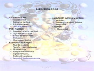 Exploración clínica


•   Constantes vitales:                      •   Auscultación pulmonar y cardiaca:
     –   Tensión arterial                         –   Arritmias
     –   Frecuencia cardiaca                      –   Semiología de edema pulmonar,
     –   Patrón respiratorio                          neumotórax…
     –   Temperatura corporal                •   Abdomen:
•   Piel y mucosas:                               –   Globo vesical
     –   Integridad de la mucosa yugal
     –   Signos de venopunción,
     –   Estado del tabique nasal
     –   Sudoración
     –   Hiperemia conjuntival
•   Exploración neurológica:
     –   Nivel de conciencia
     –   Tamaño y reactividad pupilar
     –   Motilidad ocular
     –   Reflejos osteotendinosos,
     –   Signos meningeos,
     –   Exploración cerebelosa
     –   Lenguaje y funciones superiores
 