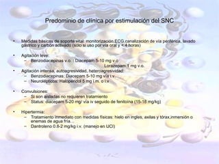 Predominio de clínica por estimulación del SNC


•   Medidas básicas de soporte vital: monitorización ECG,canalización de vía periférica, lavado
    gástrico y carbón activado (sólo si uso por vía oral y < 4 horas)

•   Agitación leve:
     – Benzodiacepinas v.o. : Diacepam 5-10 mg v.o
                                               Lorazepam 1 mg v.o.
•   Agitación intensa, autoagresividad, heteroagresividad:
     – Benzodiacepinas: Diacepam 5-10 mg vía i.v.
     – Neurolépticos: Haloperidol 5 mg i.m. o i.v

•   Convulsiones:
     – Si son aisladas no requieren tratamiento
     – Status: diacepam 5-20 mg/ vía iv seguido de fenitoína (15-18 mg/kg)

•   Hipertermia:
     – Tratamiento inmediato con medidas físicas: hielo en ingles, axilas y tórax,inmersión o
         enemas de agua fría…
     – Dantroleno 0.8-2 mg/kg i.v. (manejo en UCI)
 