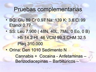 Pruebas complementarias
• BQ: Glu 89 Cr 0.97 Na: 139 K: 3.6 Cl 99
  Etanol 0.77
• SS: Leu 7.900 ( 48N, 40L, 7Mo, 0 Eo, 0 B)
      Hb 14.2 Ht 46 VCM 99.3 CHM 32.5
      Plaq 310.000
• Orina: Den 1010 Sedimento N
     Cannabis + Cocaina - Anfetaminas –
     Benzodiacepinas – Barbitúricos –
 