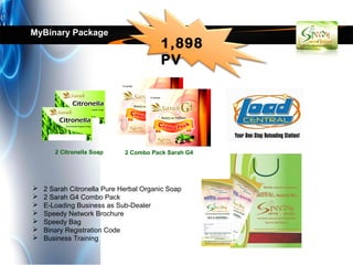 MyBinary Package
                                        1,898
                                        PV




       2 Citronella Soap     2 Combo Pack Sarah G4




   2 Sarah Citronella Pure Herbal Organic Soap
   2 Sarah G4 Combo Pack
   E-Loading Business as Sub-Dealer
   Speedy Network Brochure
   Speedy Bag
   Binary Registration Code
   Business Training
 