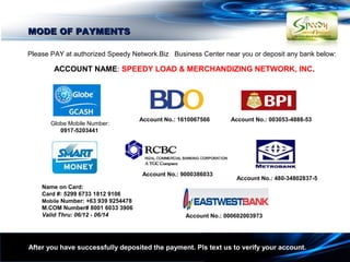 MODE OF PAYMENTS

Please PAY at authorized Speedy Network.Biz Business Center near you or deposit any bank below:

        ACCOUNT NAME: SPEEDY LOAD & MERCHANDIZING NETWORK, INC.




                                      Account No.: 1610067566      Account No.: 003053-4888-53
       Globe Mobile Number:
          0917-5203441




                                       Account No.: 9000386033
                                                                     Account No.: 480-34802837-5
    Name on Card:
    Card #: 5299 6733 1812 9106
    Mobile Number: +63 939 9254478
    M.COM Number# 8001 6033 3906         
    Valid Thru: 06/12 - 06/14                        Account No.: 000602003973




After you have successfully deposited the payment. Pls text us to verify your account.
 