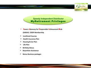 Speedy Independent Distributor
                MyRetirement Privileges


 Savers Advocacy for Responsible Achievement Hub
    (SARAH) COOP Membership
 Livelihood Courses
 Health Insurance Plan
 Housing & Car Plan
   Life Plan
 Birthday Bonus
 Bayanihan Assistance

 Bonus Business packages
 