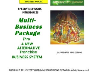 BUSINESS MODEL


       SPEEDY NETWORK
         INTRODUCES

      Multi-
     Business
     Package
        Thru
       A NEW
    ALTERNATIVE
      Franchise                           BAYANIHAN MARKETING

  BUSINESS SYSTEM


COPYRIGHT 2011 SPEEDY LOAD & MERCHANDIZING NETWORK. All rights reserved
 