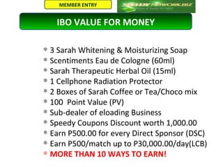 MEMBER ENTRY


   IBO VALUE FOR MONEY

∗ 3 Sarah Whitening & Moisturizing Soap
∗ Scentiments Eau de Cologne (60ml)
∗ Sarah Therapeutic Herbal Oil (15ml)
∗ 1 Cellphone Radiation Protector
∗ 2 Boxes of Sarah Coffee or Tea/Choco mix
∗ 100 Point Value (PV)
∗ Sub-dealer of eloading Business
∗ Speedy Coupons Discount worth 1,000.00
∗ Earn P500.00 for every Direct Sponsor (DSC)
∗ Earn P500/match up to P30,000.00/day(LCB)
∗ MORE THAN 10 WAYS TO EARN!
 