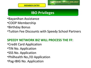 MEMBER ENTRY


                IBO Privileges
•Bayanihan Assistance
•COOP Membership
•Birthday Bonus
•Tuition Fee Discounts with Speedy School Partners

SPEEDY NETWORK BIZ WILL PROCESS THE FF:
•Credit Card Application
•TIN No. Application
•SSS No. Application
•Philhealth No./ID Application
•Pag-IBIG No. Application
 