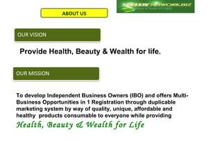 ABOUT US




 Provide Health, Beauty & Wealth for life.




To develop Independent Business Owners (IBO) and offers Multi-
Business Opportunities in 1 Registration through duplicable
marketing system by way of quality, unique, affordable and
healthy products consumable to everyone while providing
Health, Beauty & Wealth for Life
 
