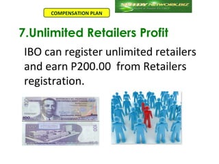 COMPENSATION PLAN



7.Unlimited Retailers Profit
 IBO can register unlimited retailers
 and earn P200.00 from Retailers
 registration.
 