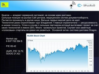 Nuance — владеет серверной системой, на основе идеи диктовки.
Сильные позиции на рынках Call центров, медицинских систем документооборота.
Пытается проникнуть в другие ниши. Дальше первых версий дело не идет.
Технологии резко ограничивают круг внедрений. Главные ограничители — ресурсоемкость
и низкая точность. Успех в случае с сильным партнером,который вытягивает проект за счет
своих технологий и имени (Siri). Много провальных проектов. Скупает все заметные
«голосовые» стартапы,не давая им развиться. Основной актив -система диктовки Dragon.


    Market cap
    6 837 722 594 $

    P/E 85.42

    (AAPL P/E 14,72,
    GOOG 21,42)
 