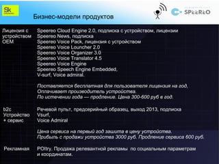 Бизнес-модели продуктов

Лицензия с     Speereo Cloud Engine 2.0, подписка с устройством, лицензии
устройством    Speereo News, подписка
OEM            Speereo Voice Pack, лицензия с устройством
               Speereo Voice Louncher 2.0
               Speereo Voice Organizer 3.0
               Speereo Voice Translator 4.5
               Speereo Voice Engine
               Speereo Speech Engine Embedded,
               V-surf, Voice admiral.

               Поставляется бесплатная для пользователя лицензия на год,
               Оплачивает производитель устройства.
               По истечении года — продление. Цена 300-600 руб в год.

b2c            Речевой пульт, предсерийный образец, выход 2013, подписка
Устройство     Vsurf,
+ сервис       Voice Admiral

               Цена сервиса на первый год зашита в цену устройства.
               Прибыль с продажи устройства 3000 руб. Продление сервиса 600 руб.

Рекламная      POItry. Продажа релевантной рекламы по социальным параметрам
               и координатам.
 