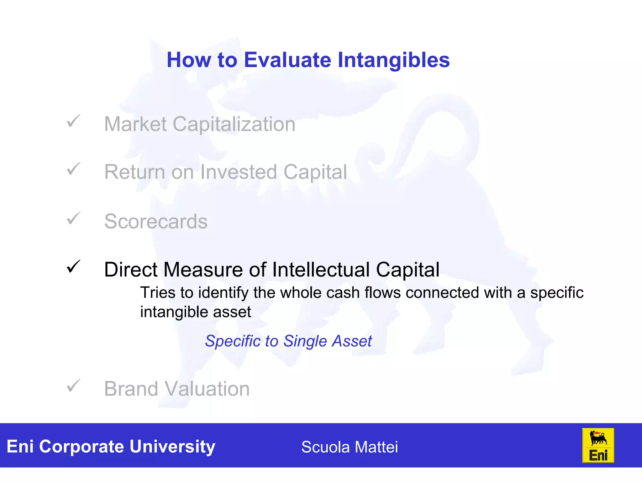How to Evaluate Intangibles Market Capitalization Return on Invested Capital Brand Valuation Scorecards Direct Measure of Intellectual Capital Tries to identify the whole cash flows connected with a specific intangible asset  Specific to Single Asset 