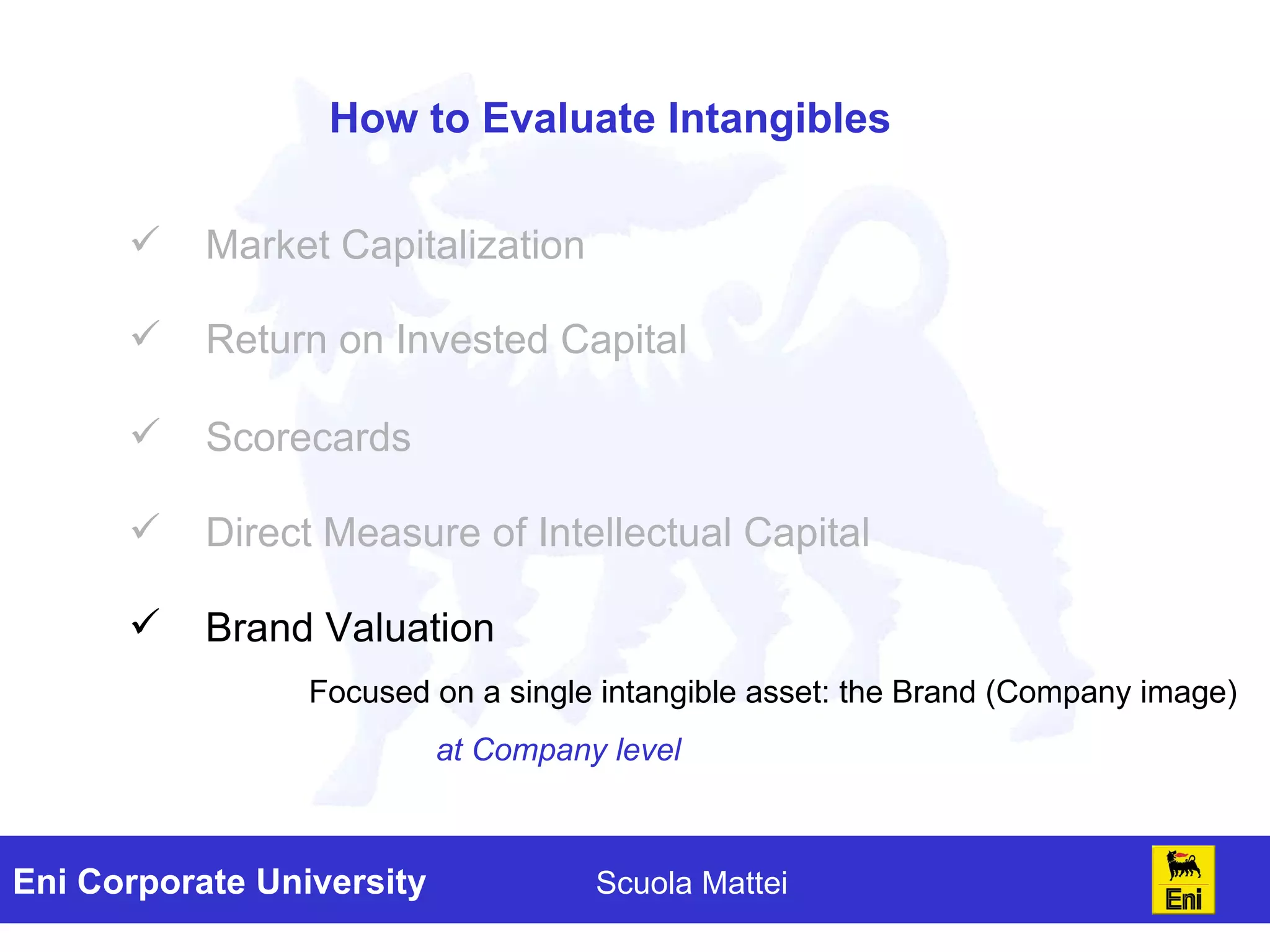 How to Evaluate Intangibles Market Capitalization Return on Invested Capital Scorecards Direct Measure of Intellectual Capital Brand Valuation Focused on a single intangible asset: the Brand (Company image) at Company level 