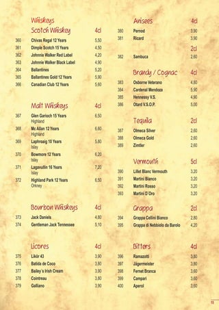 Whiskeys                                  Anisees                        4cl
      Scotch Whiskey               4cl    380   Pernod                         3,90
360   Chivas Regal 12 Years        5,50   381   Ricard                         3,90
361   Dimple Scotch 15 Years       4,50                                        2cl
362   Johnnie Walker Red Label     4,20   382   Sambuca                        2,60
363   Johnnie Walker Black Label   4,90
364   Ballantines                  5,20
                                                Brandy / Cognac                4cl
365   Ballantines Gold 12 Years    5,90
366   Canadian Club 12 Years       5,60   383   Osborne Veterano               4,80
                                          384   Cardenal Mendoza               5,90
                                          385   Hennessy V.S.                  4,90
      Malt Whiskeys                4cl    386   Otard V.S.O.P.                 5,00

367   Glen Garioch 15 Years        6,50
      Highland                                  Tequila                        2cl
368   Mc Allan 12 Years            6,60   387   Olmeca Silver                  2,60
      Highland
                                          388   Olmeca Gold                    2,60
369   Laphroaig 10 Years           5,80
      Islay                               389   Zimtler                        2,60
370   Bowmore 12 Years             6,20
      Islay                                     Vermouth                       5cl
371   Lagavullin 16 Years          7,20
      Islay                               390   Lillet Blanc Vermouth          3,20
372   Highland Park 12 Years       6,50   391   Martini Bianco                 3,20
      Orkney                              392   Martini Rosso                  3,20
                                          393   Martini D`Oro                  3,20

      Bourbon Whiskeys             4cl          Grappa                         2cl
373   Jack Daniels                 4,80   394   Grappa Cellini Bianco          2,80
374   Gentleman Jack Tennessee     5,10   395   Grappa di Nebbiolo da Barolo   4,20



      Licores                      4cl          Bitters                        4cl
375   Likör 43                     3,90   396   Ramazotti                      3,80
376   Batida de Coco               3,80   397   Jägermeister                   3,80
377   Bailey´s Irish Cream         3,90   398   Fernet Branca                  3,60
378   Cointreau                    3,80   399   Campari                        3,60
379   Galliano                     3,90   400   Aperol                         3,60


                                                                                      15
 
