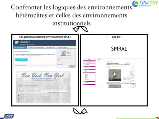 Confronter les logiques des environnements hétéroclites et celles des environnements institutionnels Les personal learning environement (PLE) Les ENT SPIRAL 