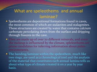 What are speleothems and annual
laminae?
 Speleothems are depositional formations found in caves,
the most common of which are stalactites and stalagmites.
These structures are created by water that contains calcium
carbonate percolating down from the surface and dripping
through fissures in the cave.
 They are made up of over 70 different minerals, and since
the makeup is influenced by the climate, spleleothems are
prime candidates for inferring information about paleo-
environments.
 The banding/laminae within the speleothem, much like
tree rings, are used as a chronological tool and the analysis
of the material that constitutes each annual lamina tells us
about what type of climate created it on a year by year
basis.
 